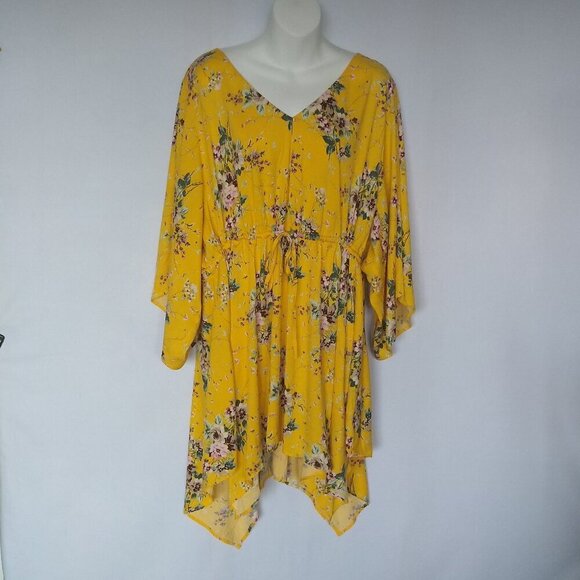 Torrid Sz 4 4X 26 Yellow Strappy SS Sharkbite Baby Doll Challis Dress Floral New - Picture 1 of 4